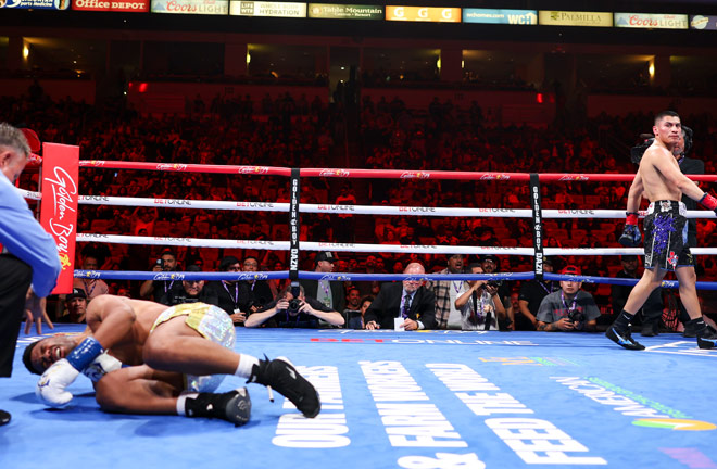 Ortiz celebrates after stopping Dulorme Photo Credit: Golden Boy / Cris Esqueda