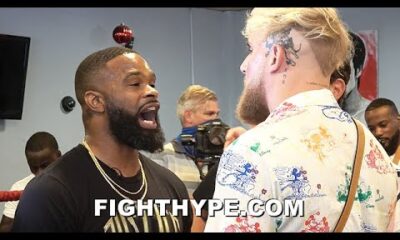 JAKE PAUL & TYRON WOODLEY ERUPT IN HEATED FIRST ENCOUNTER; TRADE "B*TCH OUT" TRASH TALK AT FACE OFF