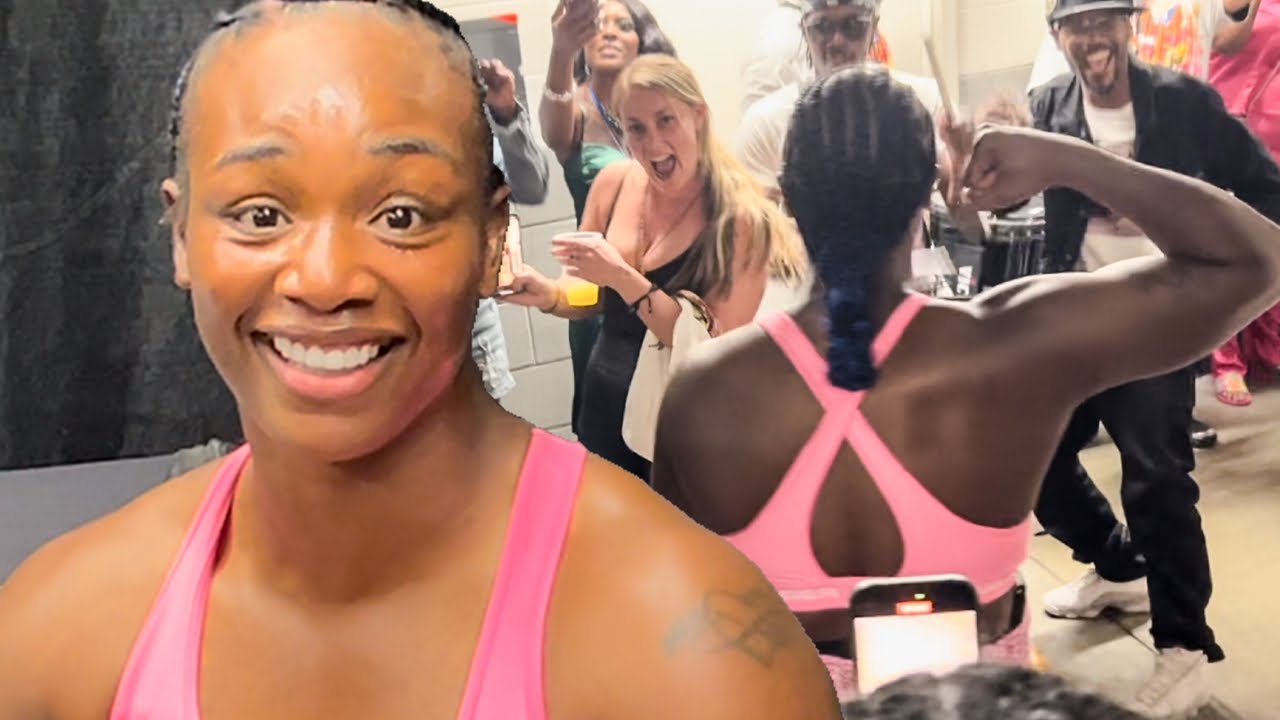 Claressa Shields LOCKER ROOM CELEBRATION after Joanisse KO; DANCES  with Drumline BEHIND THE SCENES