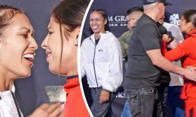 TROUBLE MAKER!  Seniesa Estrada SHOVES Marlen Esparza at LAS VEGAS GRAND ARRIVAL | Canelo v Kovalev