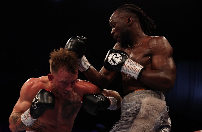 Bentley alongside promoter Frank Warren after regaining the British middleweight title and securing the European strap Photo Credit: Leigh Dawney/Queensberry Promotions