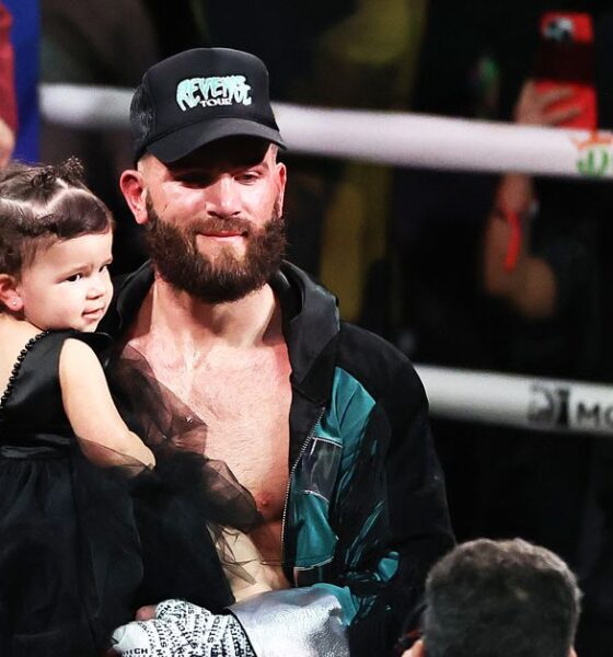 Caleb Plant reacts to victory in the foot over Trevor McCumba.