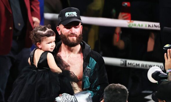 Caleb Plant reacts to victory in the foot over Trevor McCumba.