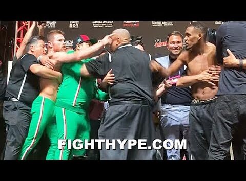 (FIREWORKS!) FULL CANELO VS. DANIEL JACOBS WEIGH-IN & EXPLOSIVE FACE OFF SCUFFLE