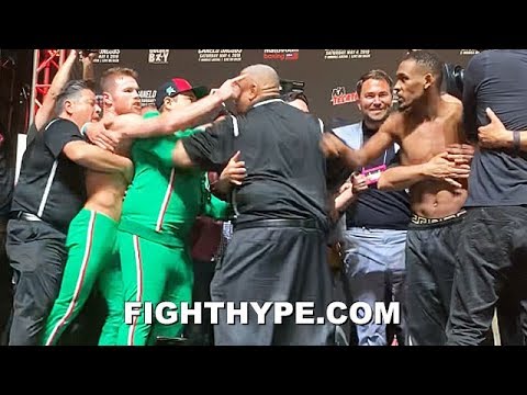 (FIREWORKS!) FULL CANELO VS. DANIEL JACOBS WEIGH-IN & EXPLOSIVE FACE OFF SCUFFLE