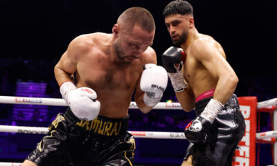 Azim dropped Lipinets in the third round Photo Credit: Lawrence Lustig/BOXXER