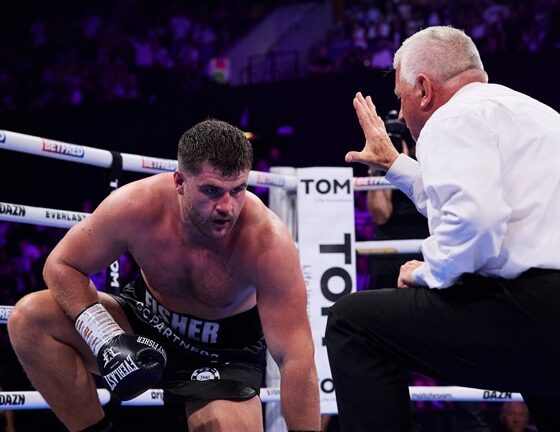 Dave Allen scored a brutal knockout of Johnny Fisher in the fifth round of their rematch at the Copper Box Arena Photo Credit: Mark Robinson Matchroom Boxing