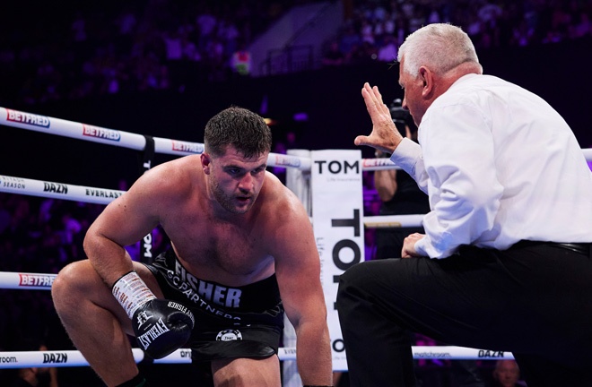 Dave Allen scored a brutal knockout of Johnny Fisher in the fifth round of their rematch at the Copper Box Arena Photo Credit: Mark Robinson Matchroom Boxing