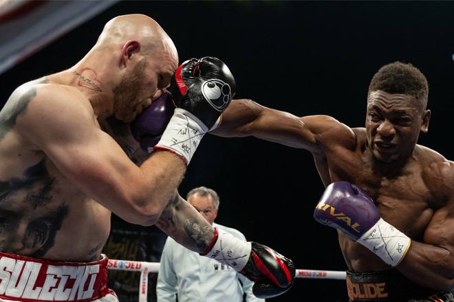 Sulecki is put down by Mbilli in the first Credit: Vincent Ethier/Eye Of The Tiger