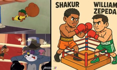 Cartoon image of Shakur Stevenson and William Zepeda with Tom and Jerry reference used by Turki Alalshikh to criticize defensive boxing