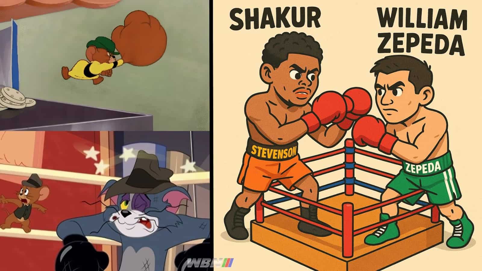 Cartoon image of Shakur Stevenson and William Zepeda with Tom and Jerry reference used by Turki Alalshikh to criticize defensive boxing