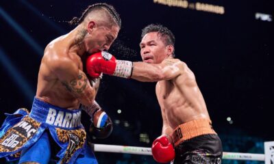 Manny Pacquiao lands a punch on Mario Barrios at the MGM Grand.