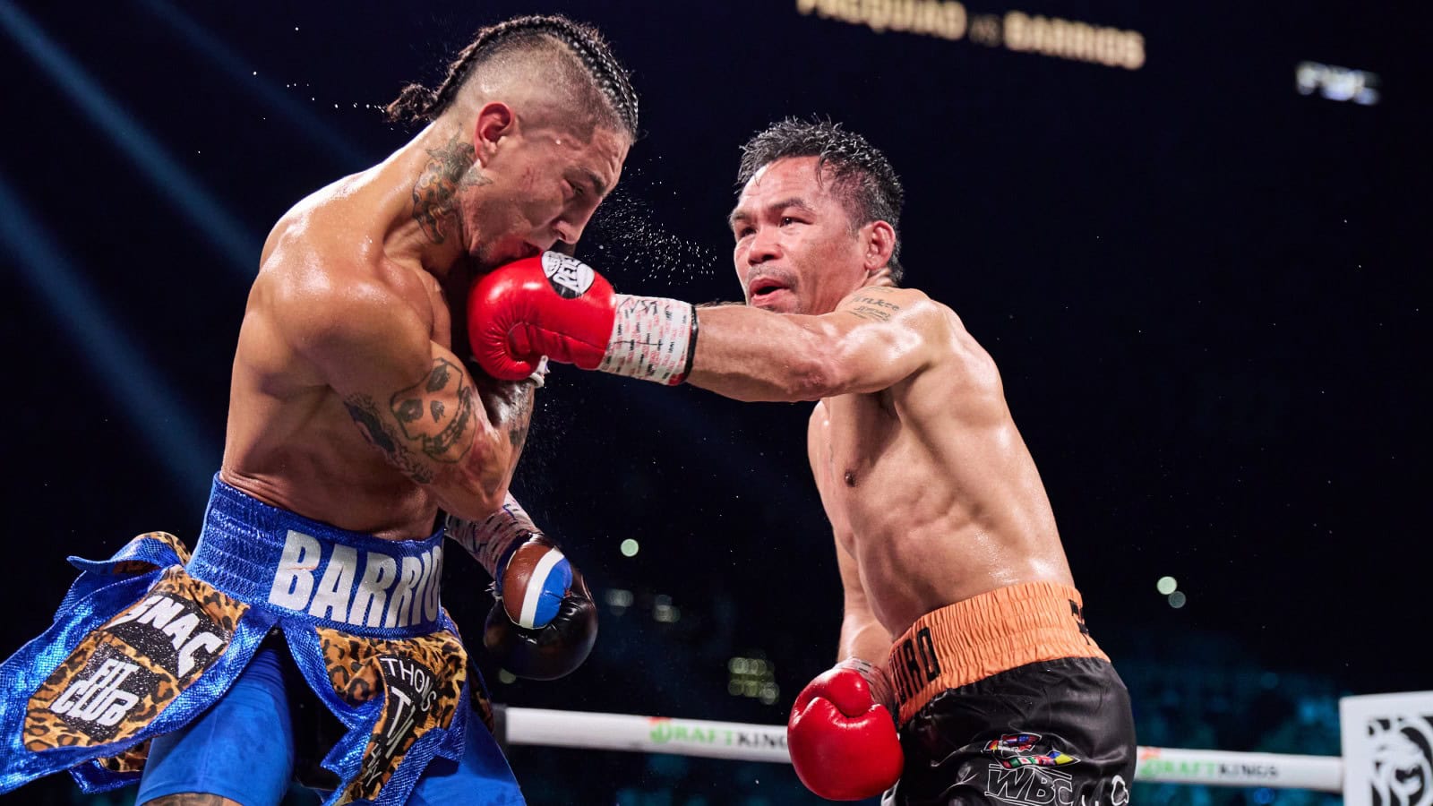 Manny Pacquiao lands a punch on Mario Barrios at the MGM Grand.