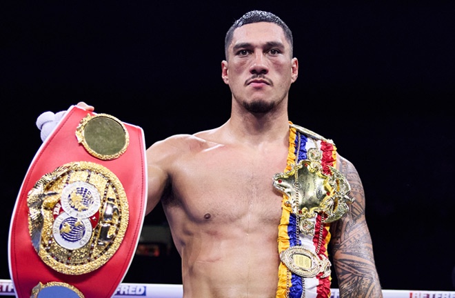 Opetaia defends the IBF and Ring Magazine belts on December 6 against Cinkara. Photo: Mark Robinson Matchroom Boxing