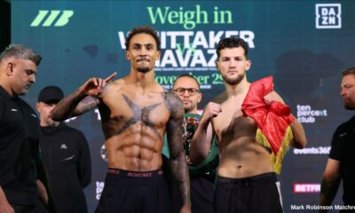 Ben Whittaker and Benjamin Gavazi stand side by side after successfully weigh-in.