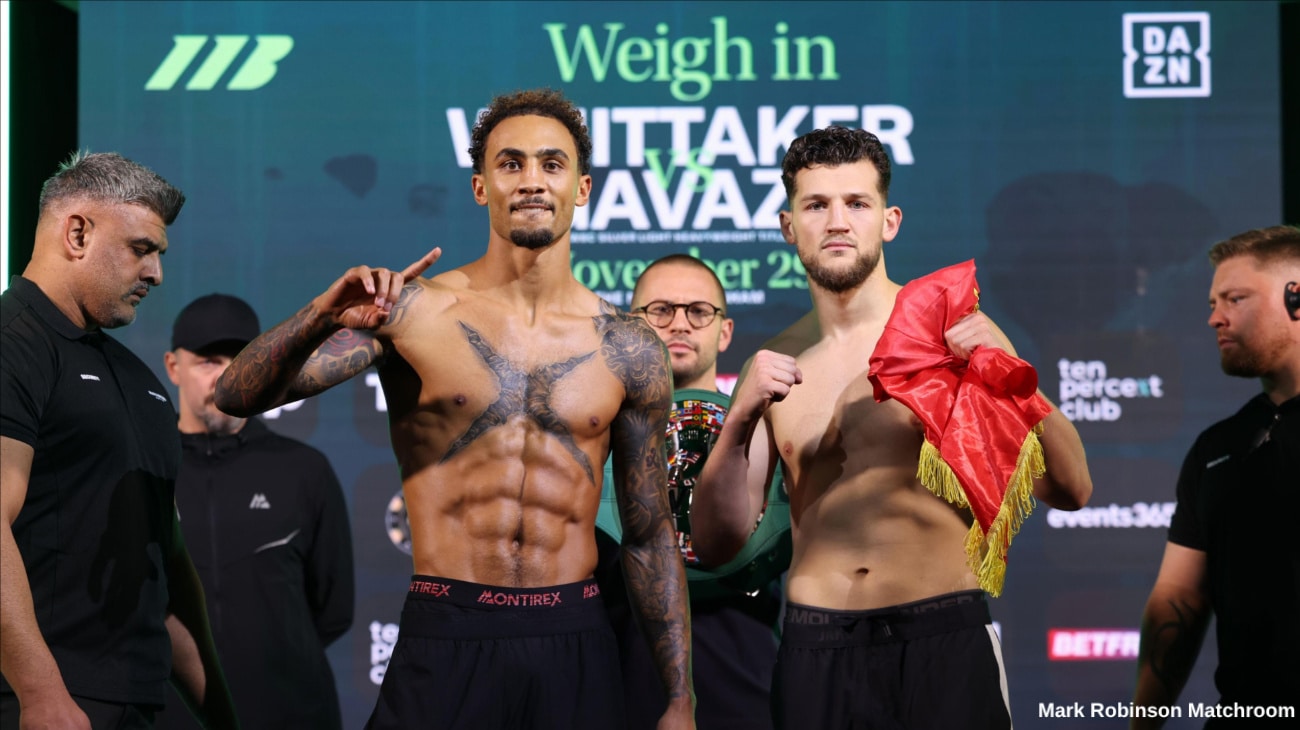 Ben Whittaker and Benjamin Gavazi stand side by side after successfully weigh-in.