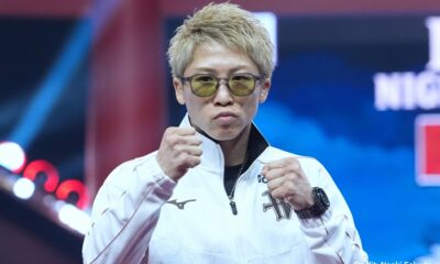 Naoya Inoue raises his fists during fighter arrivals ahead of his bout with David Picasso on December 27, 2025, at the Mohammed Abdo Arena in Riyadh, Saudi Arabia.