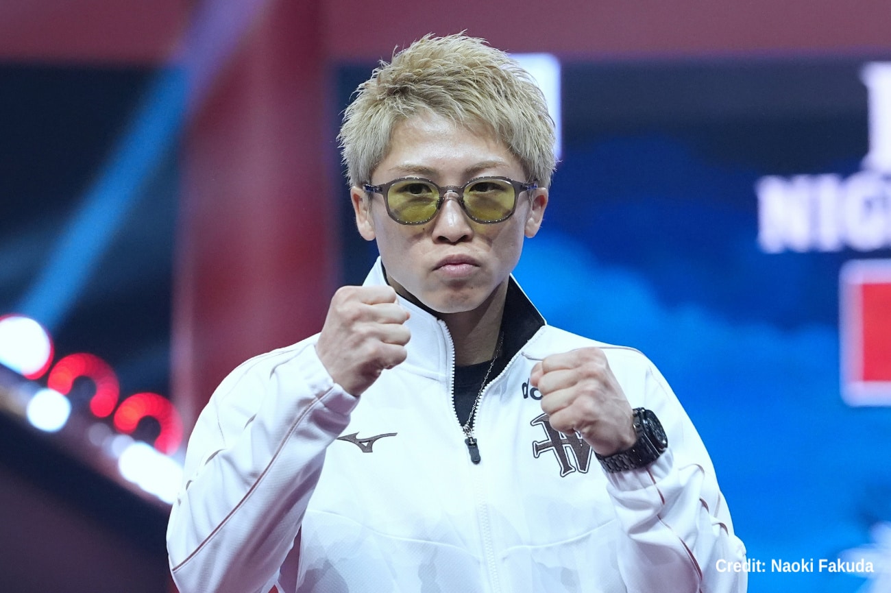 Naoya Inoue raises his fists during fighter arrivals ahead of his bout with David Picasso on December 27, 2025, at the Mohammed Abdo Arena in Riyadh, Saudi Arabia.