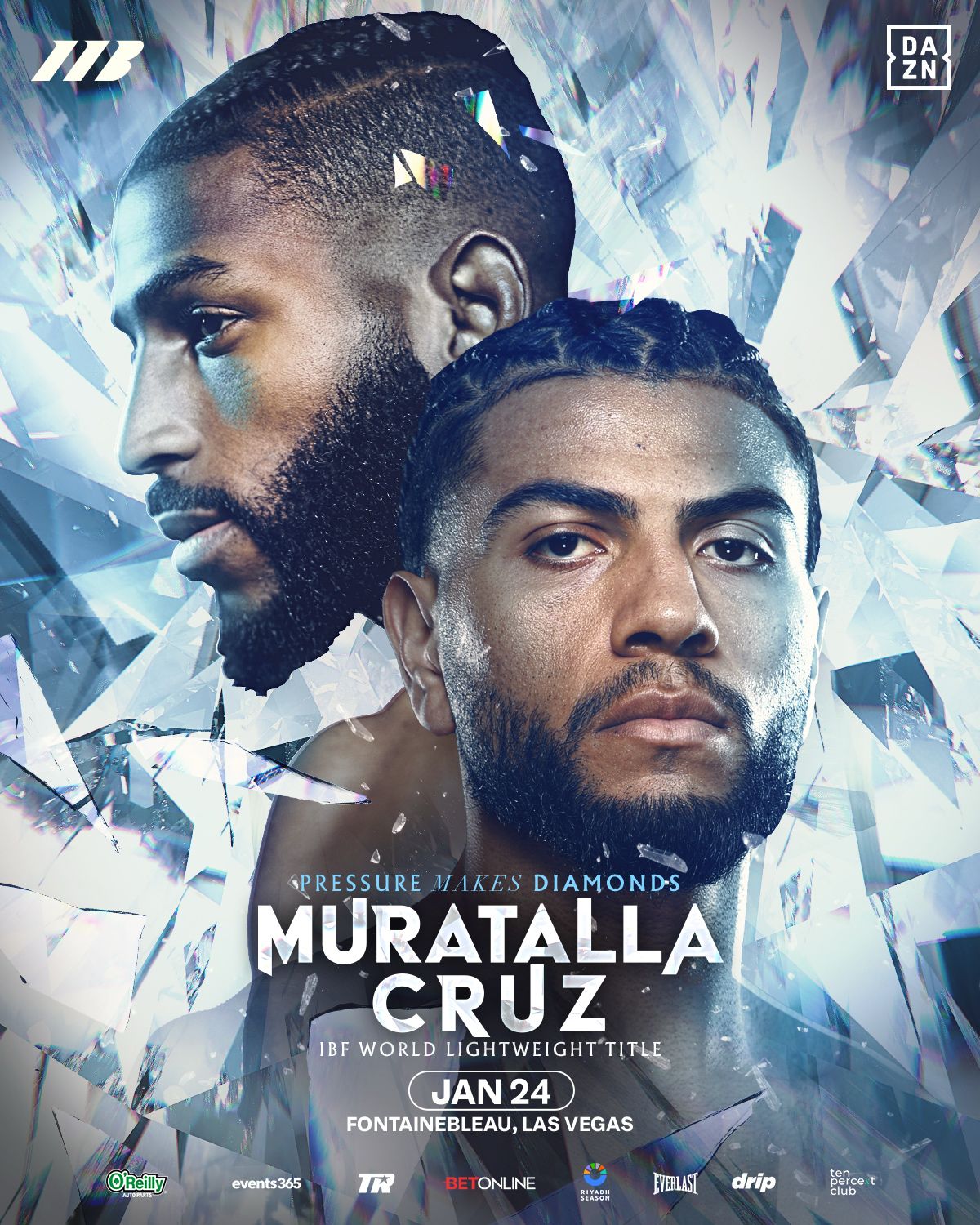 Promotional poster showing IBF lightweight champion Raymond Muratalla and challenger Andy Cruz ahead of their January 24, 2026 title fight at the Fontainebleau Las Vegas.