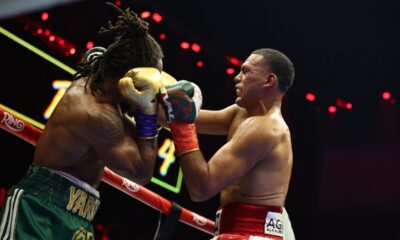 David Benavidez lands a right hand on Anthony Yarde as Yarde shells up on the ropes during their light heavyweight fight at the ANB Arena in Riyadh, Saudi Arabia, on November 22, 2025.