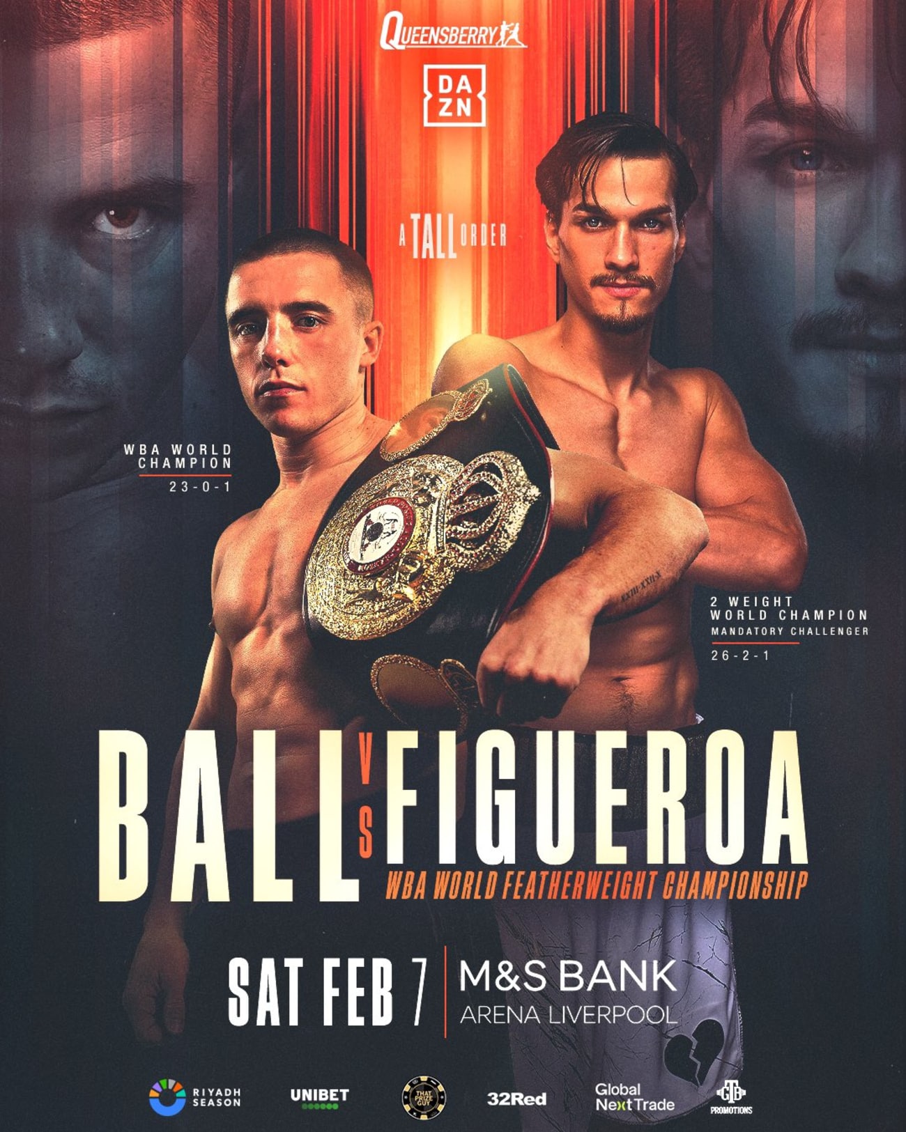 Promotional poster for Nick Ball vs. Brandon Figueroa, showing WBA featherweight champion Ball holding his title belt beside challenger Figueroa, with event details for their February 7 fight at the M&S Bank Arena in Liverpool.