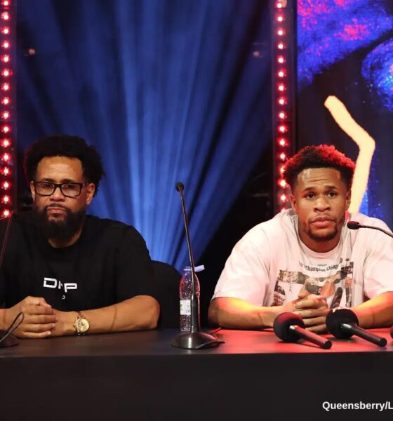 Devin Haney and Bill Haney speak to the media after Haney’s unanimous decision win over WBO welterweight champion Brian Norman Jr. on November 22.