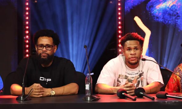 Devin Haney and Bill Haney speak to the media after Haney’s unanimous decision win over WBO welterweight champion Brian Norman Jr. on November 22.