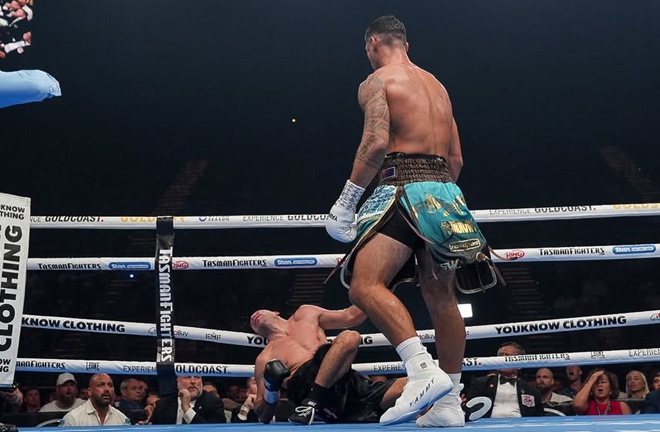 Opetaia destroyed Cinkara. Photo: Tasman Fighters