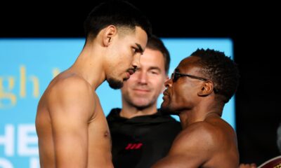 Diego Pacheco and Kevin Lele Sadjo stare each other down during the official weigh-in face-off ahead of their super middleweight fight.