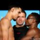 Diego Pacheco and Kevin Lele Sadjo stare each other down during the official weigh-in face-off ahead of their super middleweight fight.