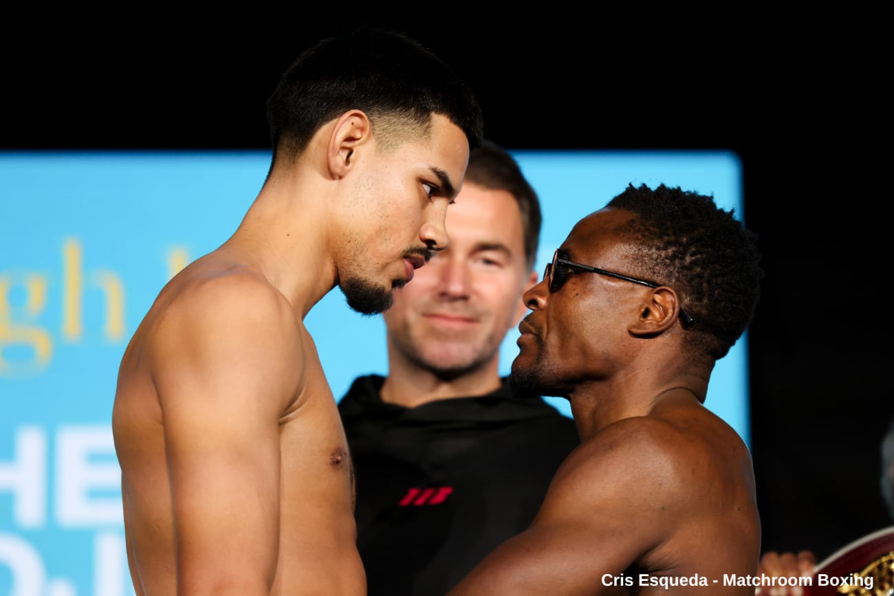 Diego Pacheco and Kevin Lele Sadjo stare each other down during the official weigh-in face-off ahead of their super middleweight fight.