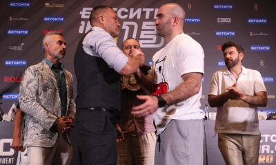 Kubrat Pulev and Murat Gassiev face off at a press conference ahead of their WBA heavyweight title fight in Dubai.