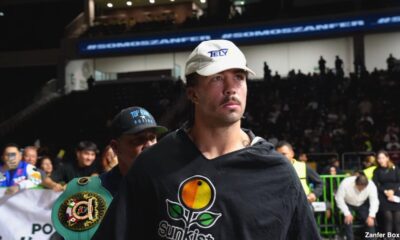 Richard Torrez Jr. walks toward the ring wearing a white cap and black shirt during his entrance for his fight against Tomas Salek on November 15, 2025, at Arena Coliseo in San Luis Potosi, Mexico.