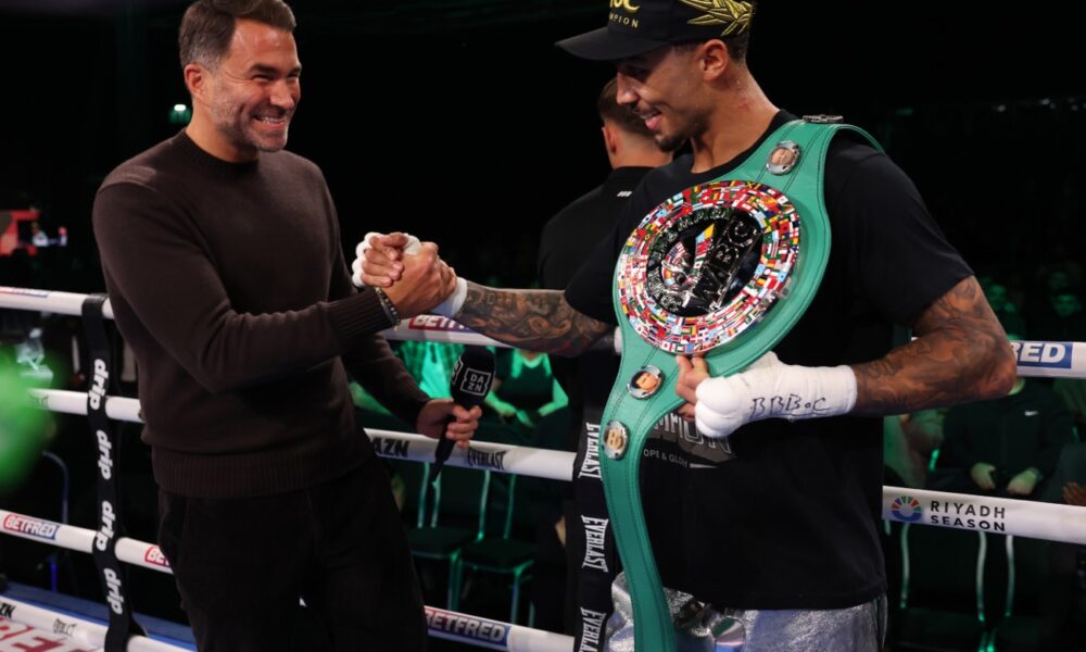 Eddie Hearn congratulating Ben Whittaker after his win over Benjamin Gavazi