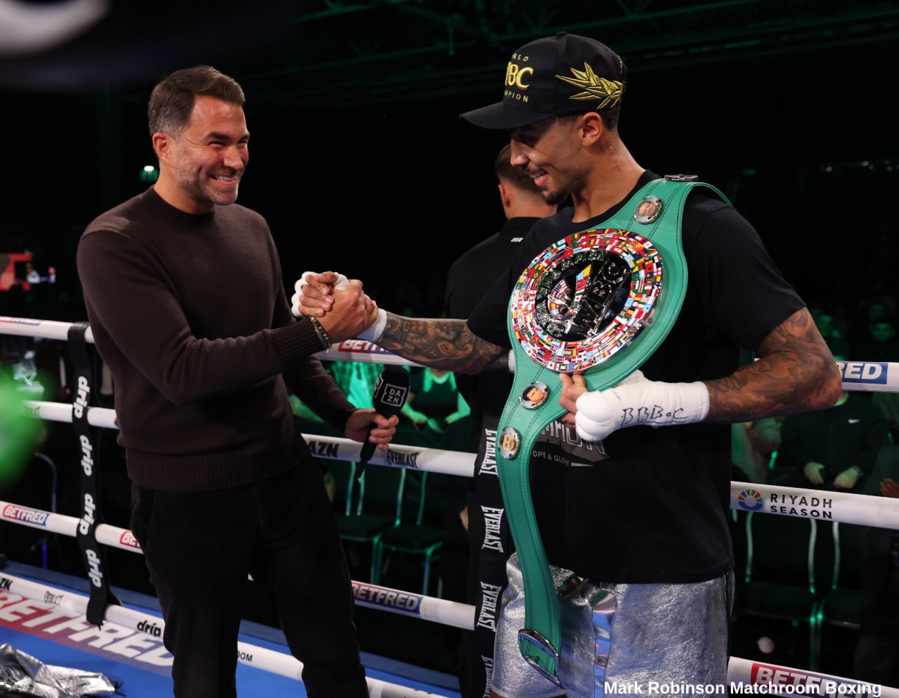 Eddie Hearn congratulating Ben Whittaker after his win over Benjamin Gavazi