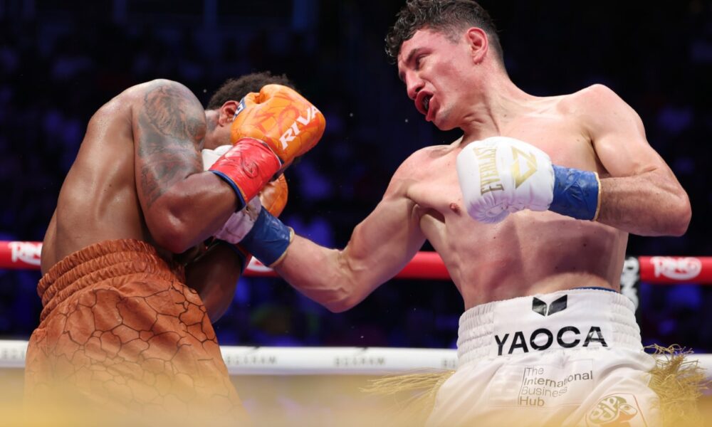 William Zepeda lands a left hand on Shakur Stevenson during their lightweight bout at Louis Armstrong Stadium in Queens, New York.