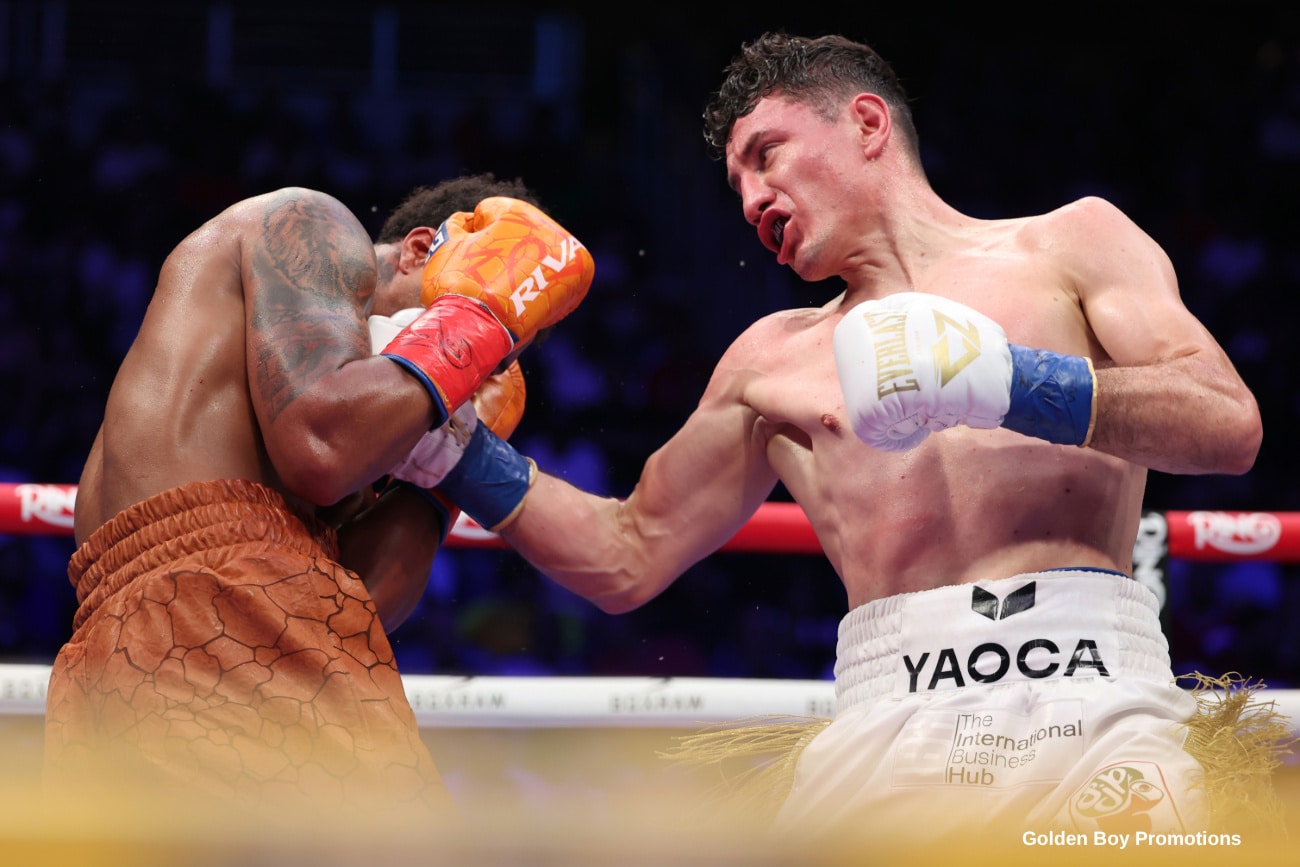 William Zepeda lands a left hand on Shakur Stevenson during their lightweight bout at Louis Armstrong Stadium in Queens, New York.