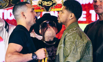 Lopez and Stevenson face-to-face ahead of Saturday's clash Photo: Geoffrey Knott/Matchroom