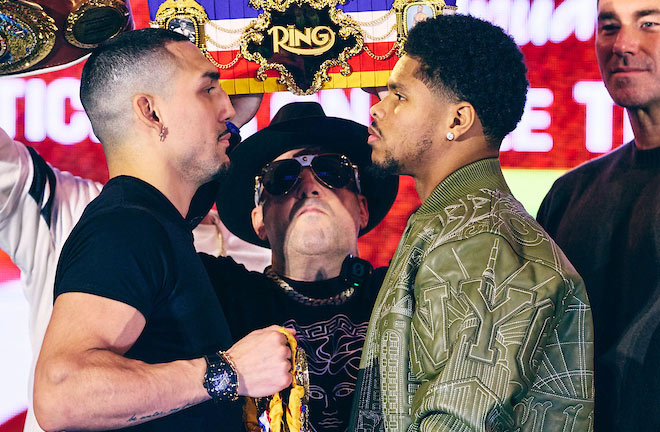 Lopez and Stevenson face-to-face ahead of Saturday's clash Photo: Geoffrey Knott/Matchroom