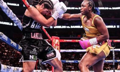 Claressa Shields lands a right hand on Lani Daniels during their undisputed heavyweight title clash at Little Caesars Arena in Detroit. Shields dominated en route to a unanimous decision victory.