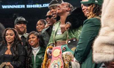Shields celebrates retaining the undisputed heavyweight crown. Photo: Ryan Garza/Detroit Free Press