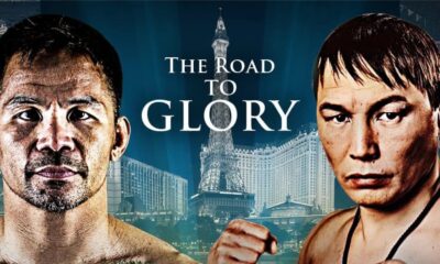 Manny Pacquiao and Ruslan Provodnikov pictured on the official “The Road To Glory” poster ahead of their April 18 exhibition at the Thomas & Mack Center in Las Vegas.