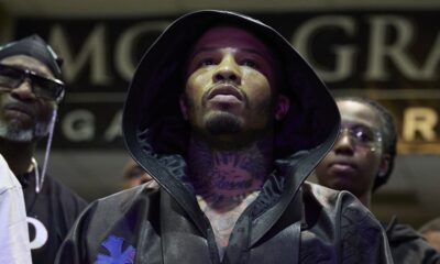 Gervonta Davis wearing a black robe before his ring walk at the MGM Grand in Las Vegas.