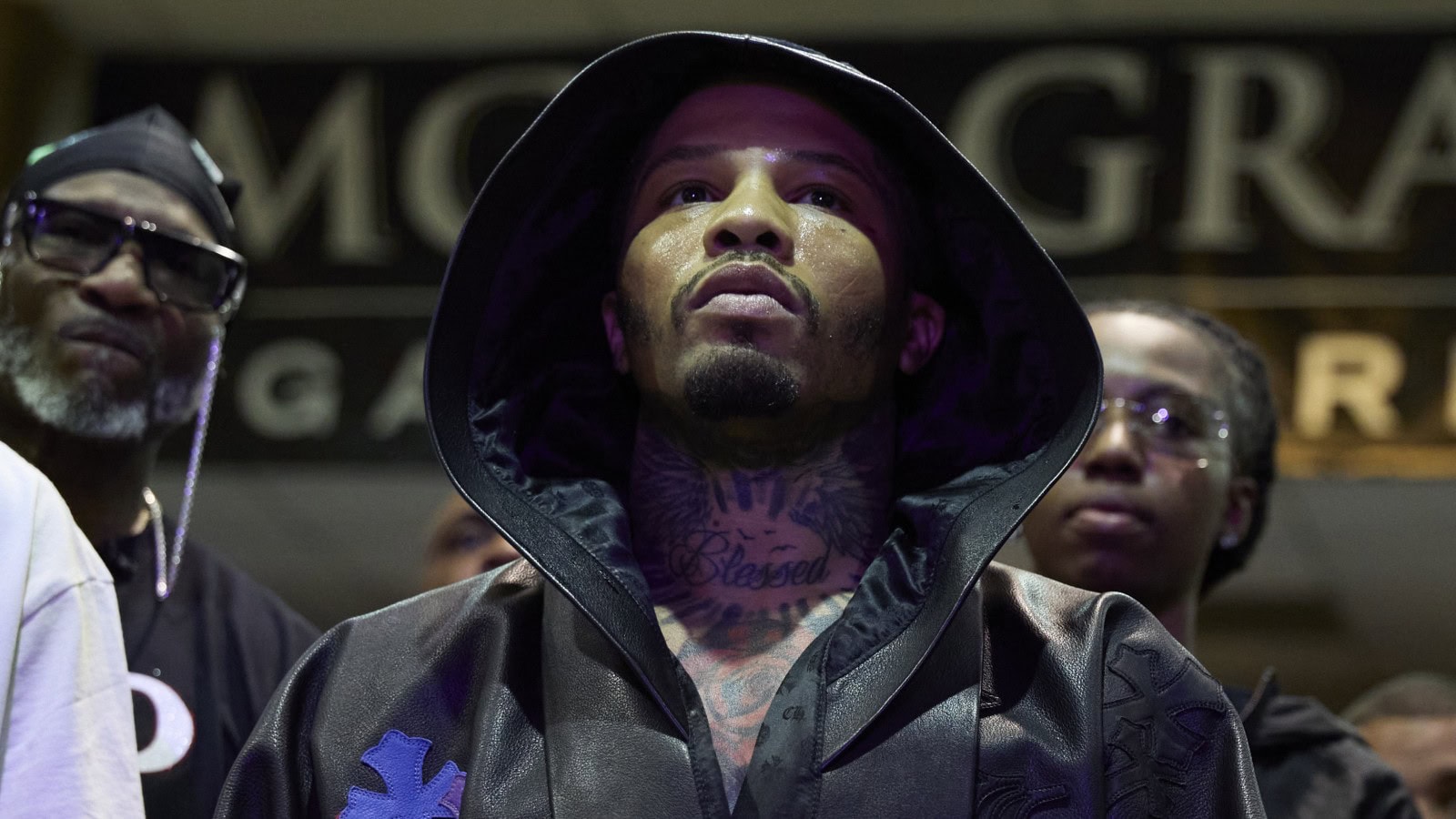 Gervonta Davis wearing a black robe before his ring walk at the MGM Grand in Las Vegas.