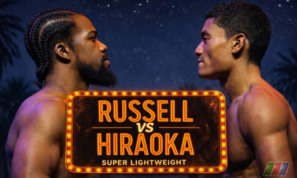 Gary Antuanne Russell and Andy Hiraoka face off in profile ahead of their super lightweight bout, standing shirtless and staring intensely at each other