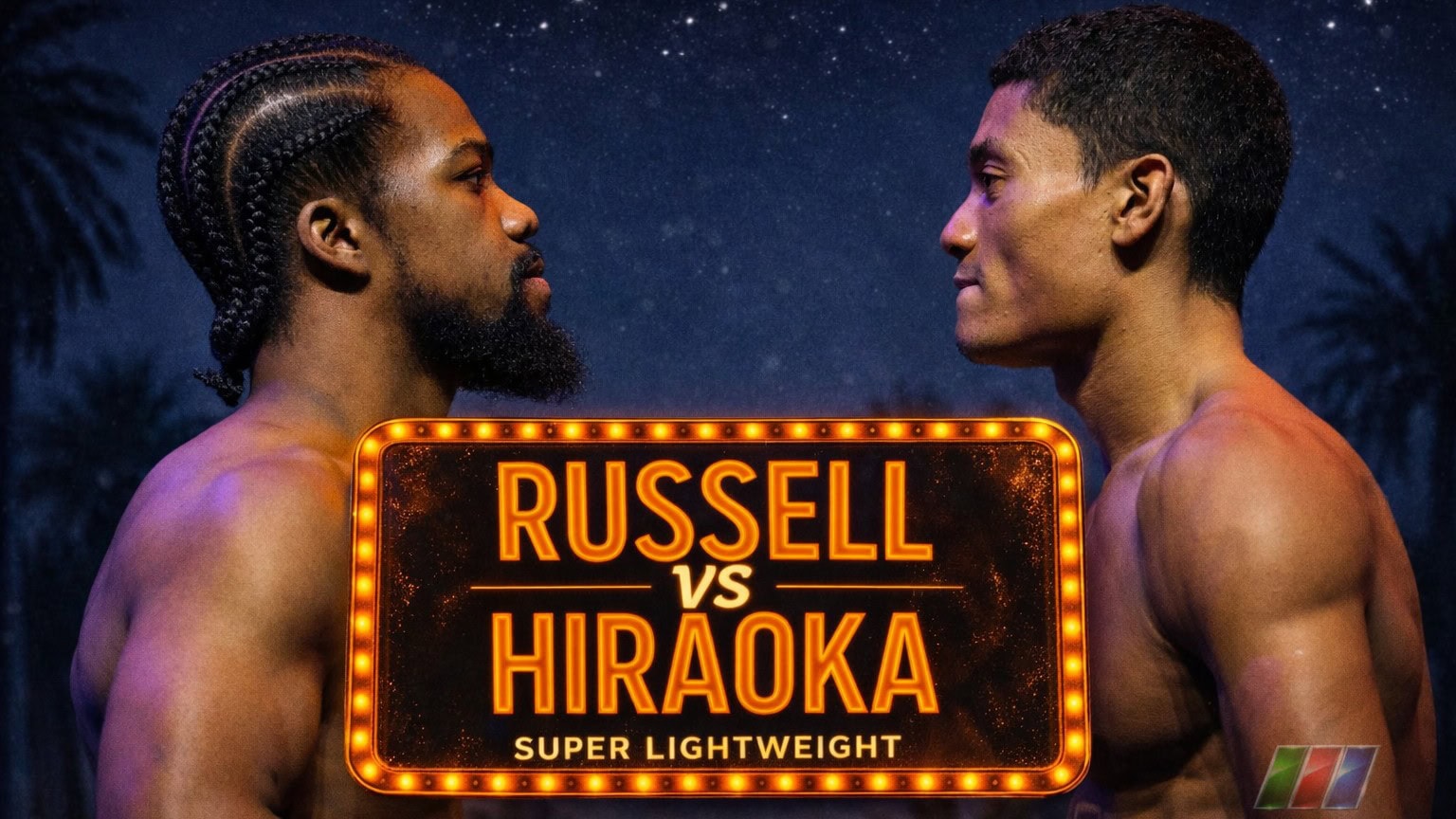 Gary Antuanne Russell and Andy Hiraoka face off in profile ahead of their super lightweight bout, standing shirtless and staring intensely at each other