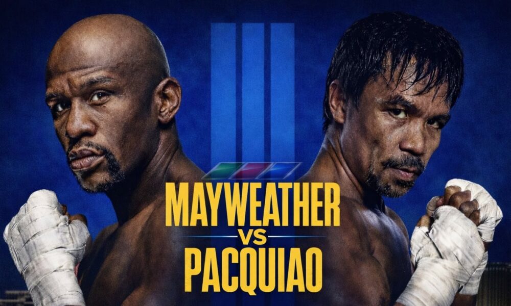 Concept artwork illustrating a potential Mayweather vs Pacquiao III fight in 2027.