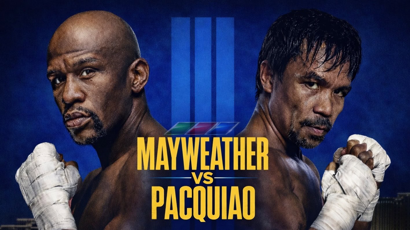 Concept artwork illustrating a potential Mayweather vs Pacquiao III fight in 2027.