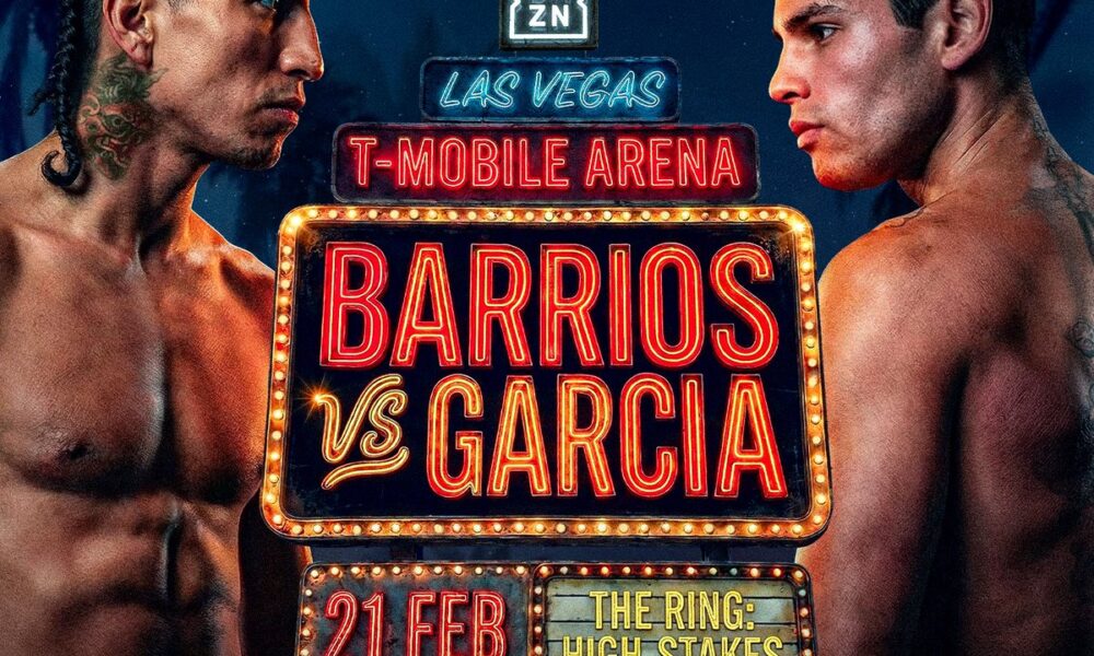 Promotional poster showing Mario Barrios and Ryan Garcia facing off for their February 21 fight at T Mobile Arena in Las Vegas, with DAZN branding.