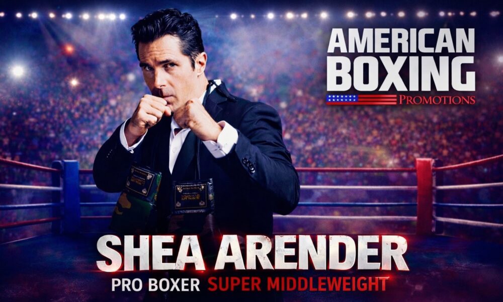 Shea Arender poses in front of a boxing ring at the Mayweather Boxing Club